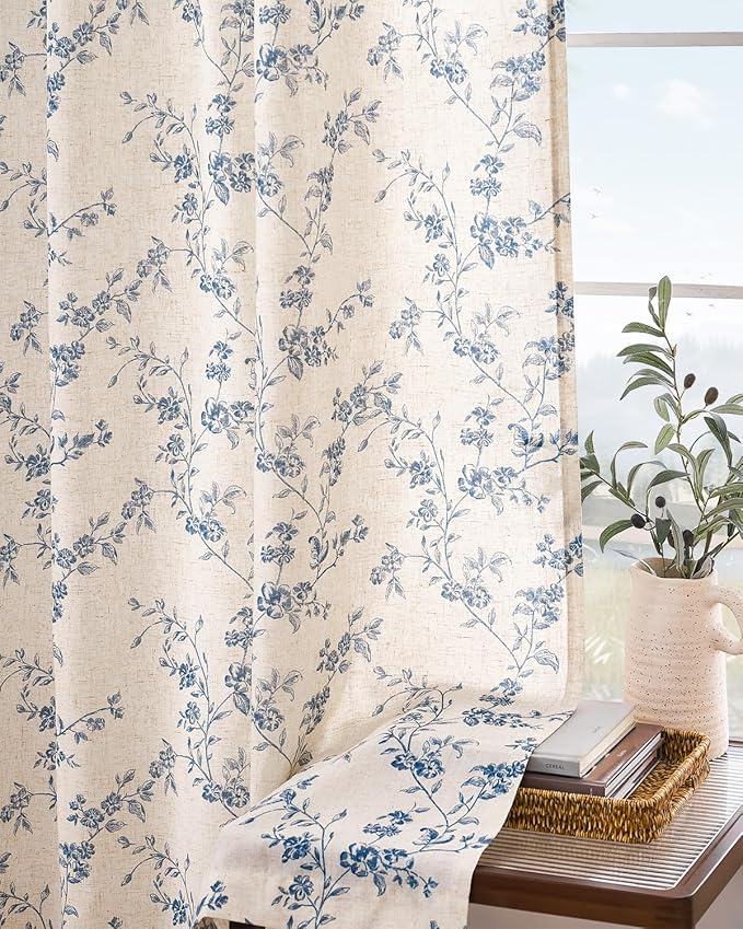 Lazzzy Floral Linen Curtains Farmhouse Extra Long Curtain for Living Room Bedroom Light Filtering Vintage Rod Pocket Back Tab Drapes for Home, 2 Panels, Blue on Beige, W38 X L108