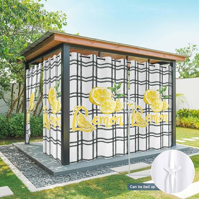 Lemon Outdoor Curtains for Patio Lemon Leaves Summer Plaid Buffalo Waterproof - Image 7