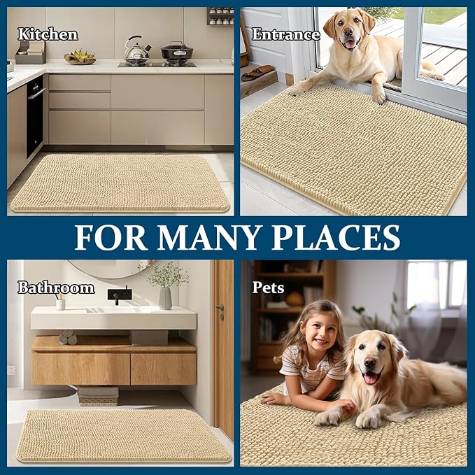 OLANLY Dog Door Mat for Muddy Paws 54x32, Absorbs Moisture and Dirt, Absorbent Non-Slip Washable Doormat, Quick Dry Chenille Mud Mat for Dogs, Entry Indoor Entryway Carpet for Inside Floor, Sand