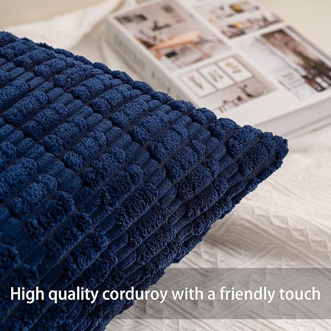 Pack of 2 Corduroy Decorative Throw Pillow Covers 24x24 Inch Soft Striped Pillow Covers Modern Farmhouse Home Decor for Sofa Living Room Couch Bed（Blue）