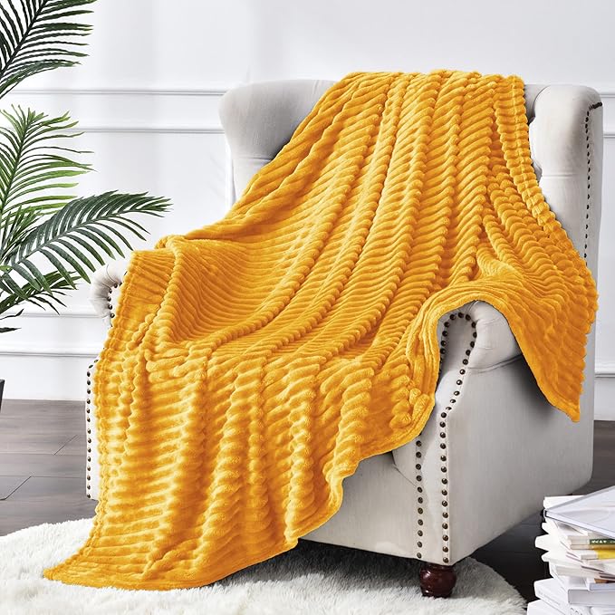 BEDELITE Fleece Blanket - 3D Ribbed Jacquard Decorative Yellow Throw Blanket for Couch & Bed, Lightweight Warm Cozy Soft Fuzzy Blankets All Seasons Suitable 50x60 inches