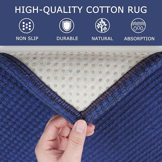 KOZYFLY Indoor Door Mat 2x3 ft Small Area Rugs Washable Front Door Mat Non Slip Rubber Backed Entryway Rug Cotton Entrance Doormat for Front Porch Bathroom Kitchen Bedroom, Royal Blue/Navy