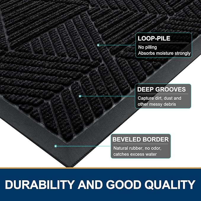 Smiry Front Door Mat Outside Entrance, Heavy Duty Sturdy Natural Rubber Doormat, Trap Dirt and Moisture, Easy Clean Low Profile Welcome Floor Mats for Indoor Outdoor Entry, 47x23 Inch, Black