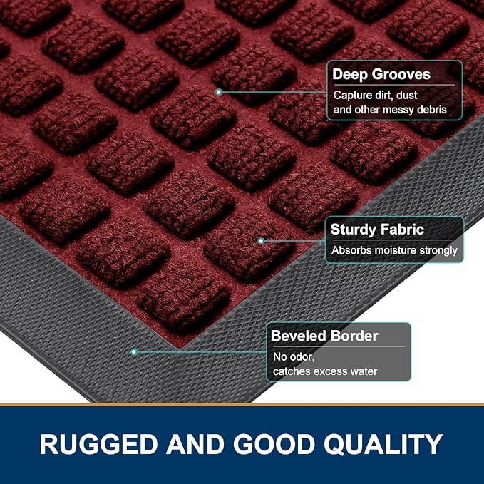 Smiry Front Door Mat Outside Entrance, Heavy Duty Natural Rubber Doormat, Non Slip, Trap Dirt and Moisture, Easy Clean, Low Profile Welcome Floor Mats for Indoor Outdoor Entry, 35x23 Inch, Red