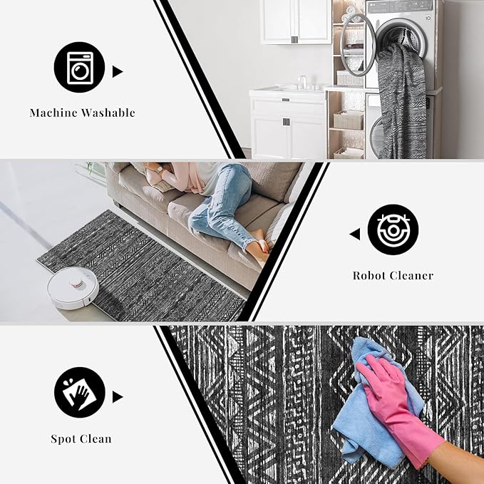 Ksrau 3x20 Runner Rug Washable - Extra Long Non-Slip Modern Runners for Hallway Soft Moroccan Low Pile Indoor Floor Mat for Living Room Kitchen Waterproof Geometric Runner Rugs Entryway 3x20 Black