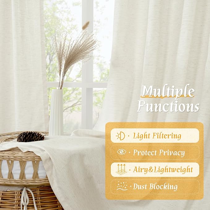 LAMIT Natural Linen Blended Curtains 63 Inch for Bedroom, Light Filtering Semi Sheer Living Room Curtains Farmhouse Boho Rod Pocket Privacy Drapes for Dining Room, 2 Panels (52 x 63 Inch, Cream)