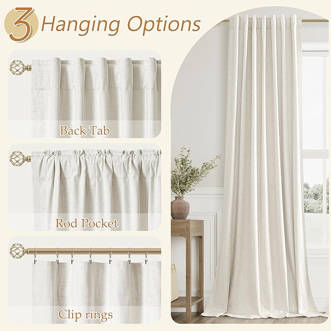 Guken Cream Linen Blackout Curtains 84 Inch Length 2 Panels Set for Living Room Bedroom Back Tab Thermal Insulated 100% Black Out Linen Drapes Room Darkening Window Curtains Ivory Natural