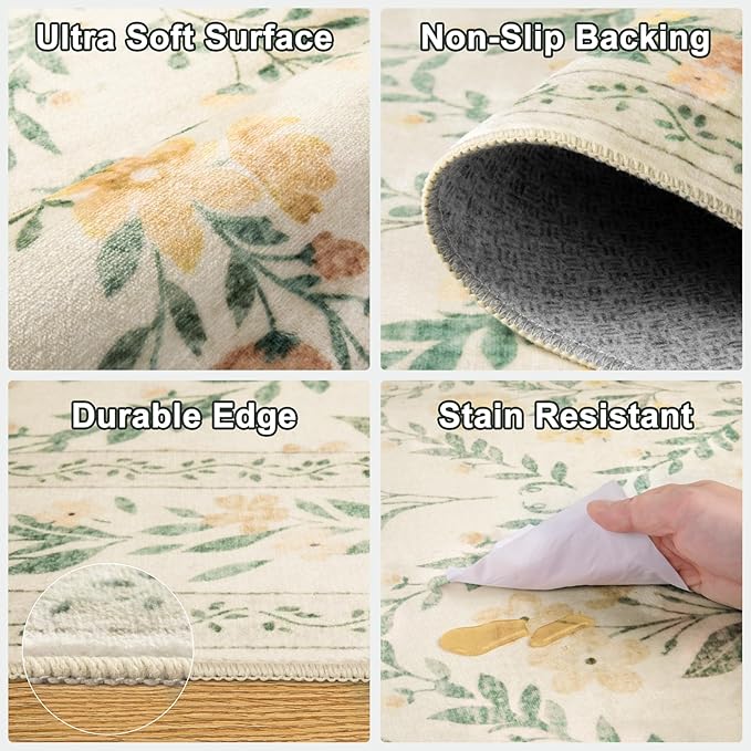 Area Rug Living Room Rugs: Floral 4x6 Washable Rug Vintage Soft Boho Non-Slip Carpet Stain Resistant Large Carpets for Bedroom Dining Room Farmhouse Nursery Hallway Home Office Beige/Multi