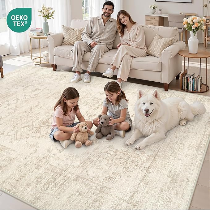 Area Rugs 9x12 Living Room: Vintage Boho Neutral Washable Rug Indoor Soft Large Area Rug Carpet for Bedroom Nursery Farmhouse Dining Room Office Floor Non-Slip Low Pile Under Table Rug Beige/Brown