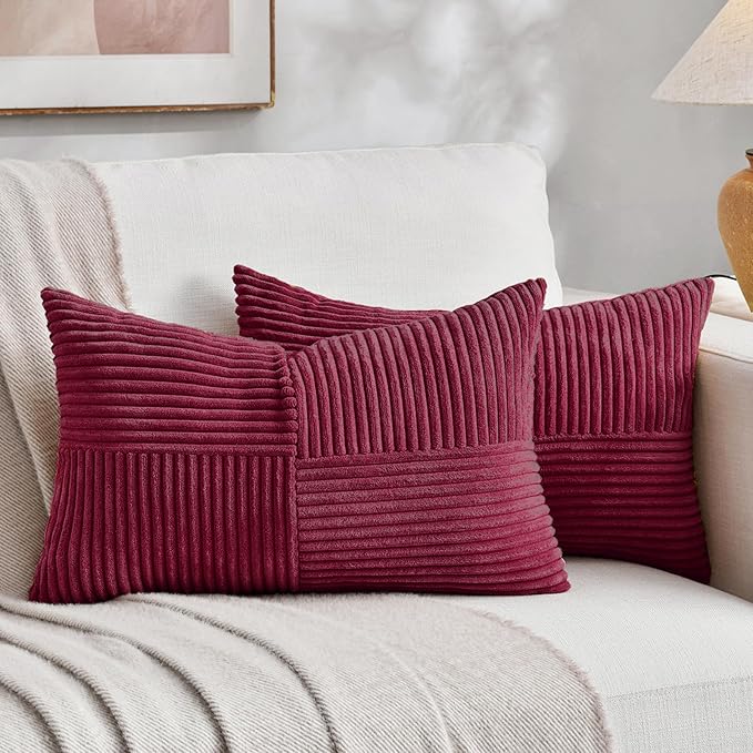 Fancy Homi 2 Packs Burgundy Lumbar Decorative Throw Pillow Covers 16x32 Inch for Living Room Couch Bed, Farmhouse Boho Home Decor, Soft Striped Corduroy Rectangle Accent Cushion Case 40x80 cm