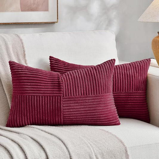 Fancy Homi 2 Packs Burgundy Lumbar Decorative Throw Pillow Covers 16x32 Inch for Living Room Couch Bed, Farmhouse Boho Home Decor, Soft Striped Corduroy Rectangle Accent Cushion Case 40x80 cm