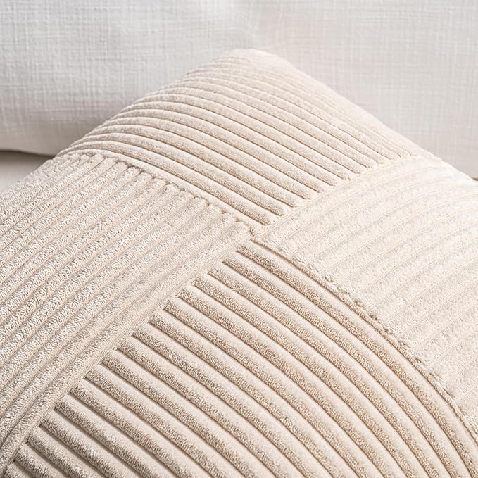 Fancy Homi 2 Packs Tan Lumbar Decorative Throw Pillow Covers 14x22 Inch for Living Room Couch Bed Sofa, Boho Home Decor, Soft Striped Corduroy Rectangle Accent Beige Cushion Case 35x55 cm