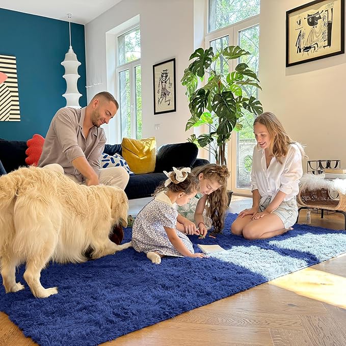 OLANLY 7x8 Machine Washable Large Area Rugs for Living Room, Bedroom, Soft Fluffy Shaggy Bedside Rug, Indoor Floor Carpet for Kids Girls and Boys, Dorms, Nursery, Home Decor Aesthetic, Navy Blue