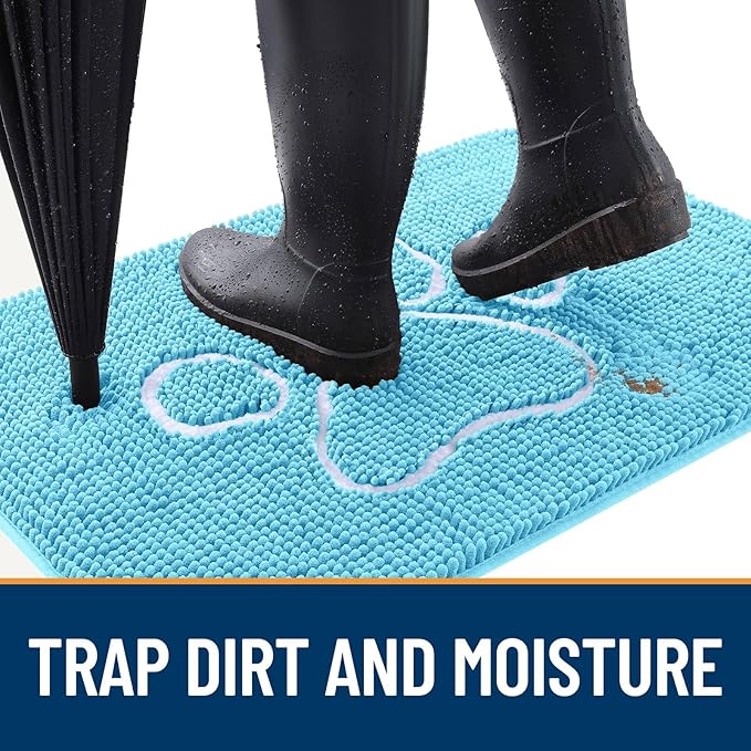 OLANLY Dog Door Mat for Muddy Paws 24x16, Paw Print Design, Absorbs Moisture and Dirt, Absorbent Non-Slip Washable Doormat, Quick Dry Chenille Mud Mat for Dogs, Entry Indoor Entryway Carpet, Blue