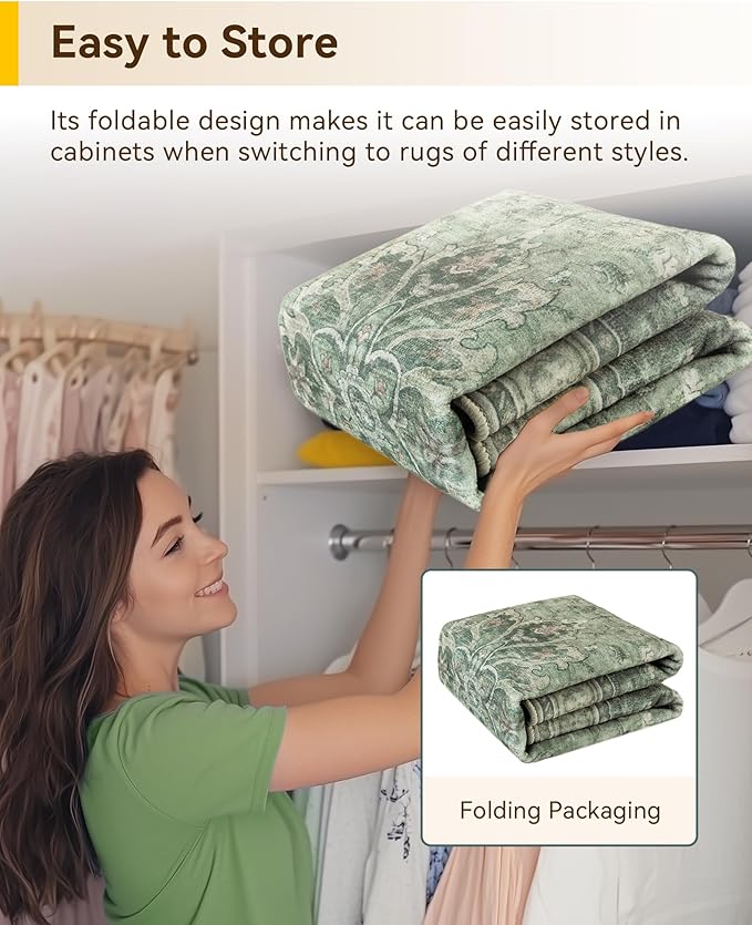 RELEANY Area Rugs Square 6ft Washable Non-Slip, Floral Vintage Distress Print Pattern Medallion Carpet for Living Room Bedroom Dining Room, Dark Green Gray