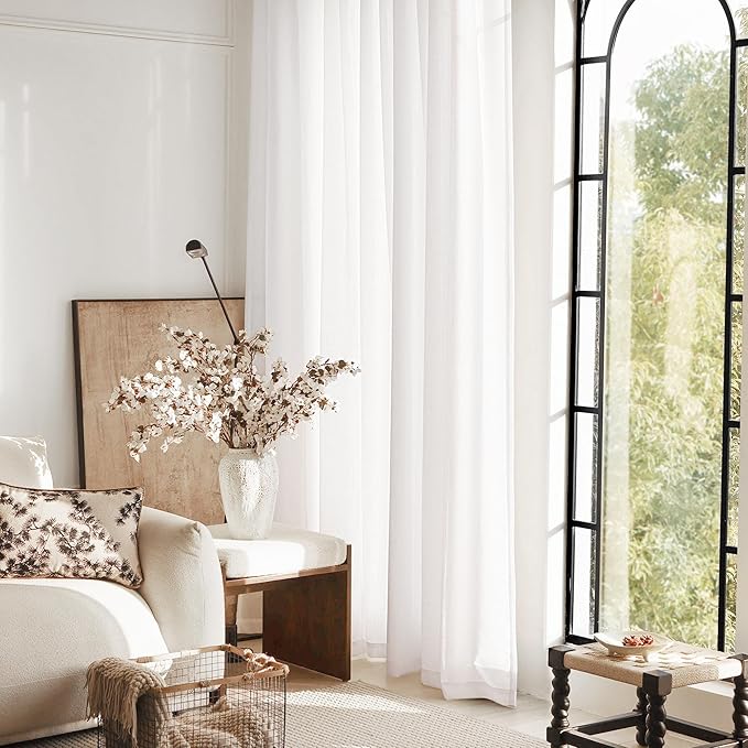 Extra Long White Curtain 120 inches Long 2 Panels Set Back Tab Light Filtering Cotton Textured Curtain Modern Farmhouse Coastal Decor White Linen Drapes 120 inch Length for Large Window 10 FT 42x120