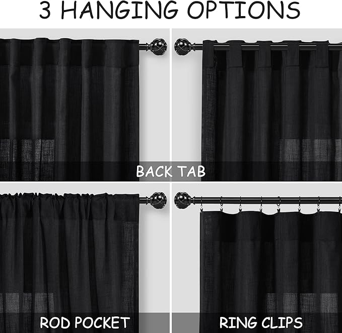 Nanspring Black Linen Curtains 90 Inches Long for Living Room Back Tab and Rod Pocket Semi Sheer Privacy Curtains Simple Modern Cotton Textured Curtain for Bedroom 70x90,2 Panel