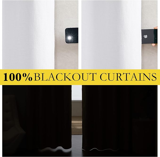 NICETOWN 100% Absolutely Blackout Linen Curtains with Thermal Insulated White Liner, White, 34 inches Wide, 90 inches Length Energy Saving Curtains for Living Room 2 Panels Set, Vertical Blinds