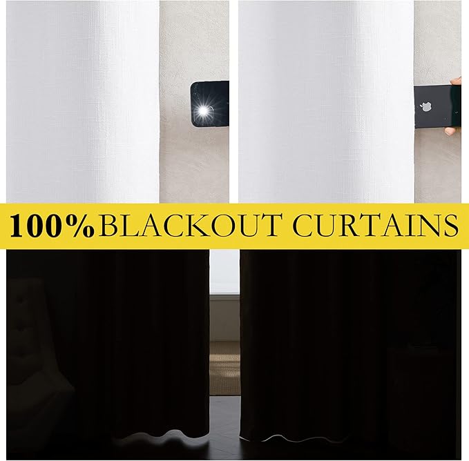 NICETOWN 100% Absolutely Blackout Linen Curtains with Thermal Insulated White Liner, White, 62" Wide, 2 Pieces, Privacy Vertical Window Drapes for Office Laundry Living Room Windows 72 inch Long