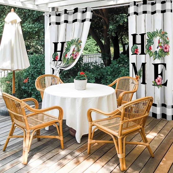 Summer Outdoor Curtains for Patio Leaves Garland Plumeria Wood Buffalo Plaid - Image 4