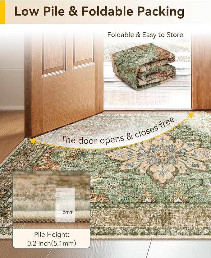 Area Rugs 2'x7' Runner Rug Non Slip Washable for Kitchen Hallway Bedroom Beside Laundry Room Bathroom Rug, Floor Carpet, Brick Red Rust Neutral Brown Burnt Orange Green