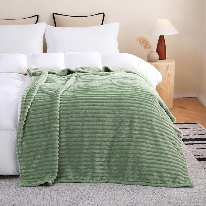 Sage Green Fleece Throw Blanket 50”×60” for Couch Sofa Bed,Super Soft Cozy Plush Microfiber Flannel Blanket with Stripes Design Lightweight for Adults,Woman,Girls