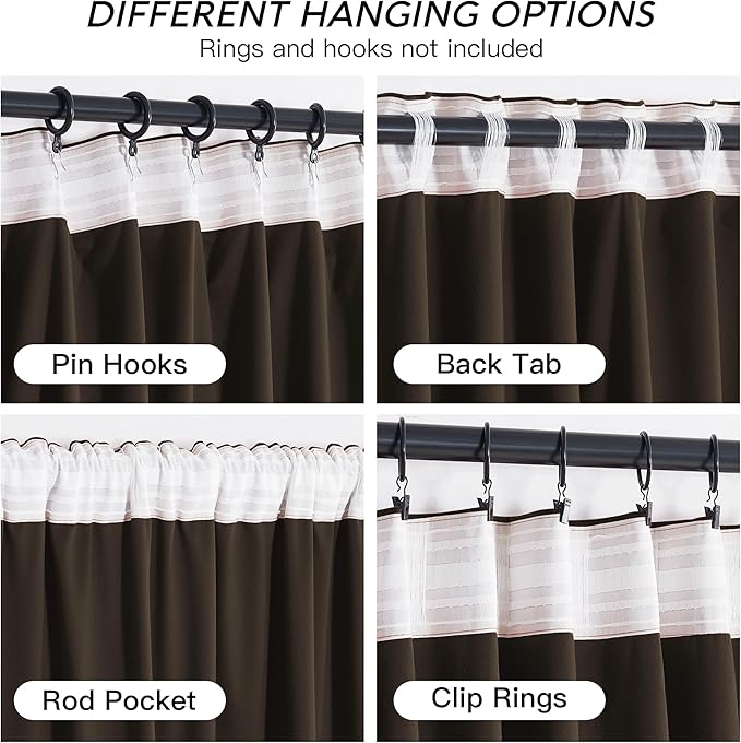 RYB HOME Brown Blackout Curtains 96 inches Long Velvet, Room Darkening Thermal Insulated Drapes with Hook Belt for Bedroom Home Theater, W 52 x L 96 inches, 2 Panels Set