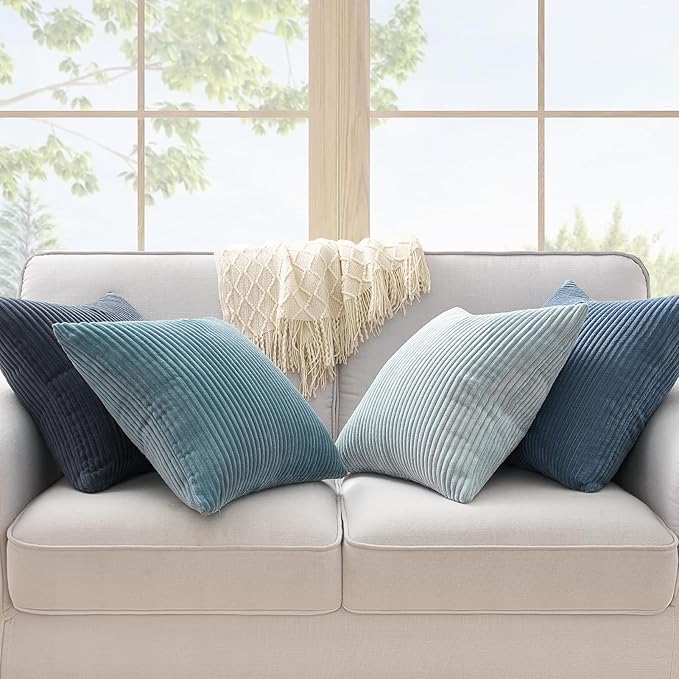 Topfinel BlueGray Throw Pillow Covers 18x18 Inch Set of 4,Soft Accent Corduroy Decorative Cushion Cover,Square Modern Pillow Case for Beach,Patio,Balcony,Living Room,Summer Gradient Shams Home Decor