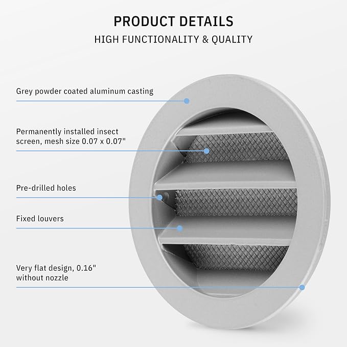 calimaero® WSGG 3" Inch Gray Round Metal Air Vent Grill Cover Flat Louver - Image 4