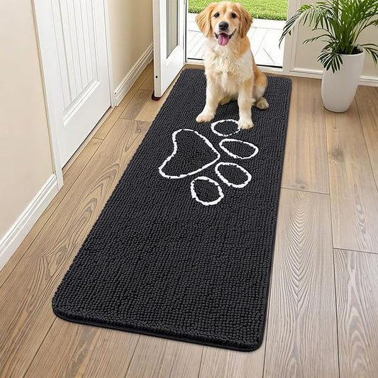 Smiry Dog Door Mat for Muddy Paws, Absorbent Dirt Trapper Non Slip Quick Dry Washable Chenille Mat for Mud Dogs, Entry Rug for Indoor and Outdoor (59x20 Inches, Black and White)