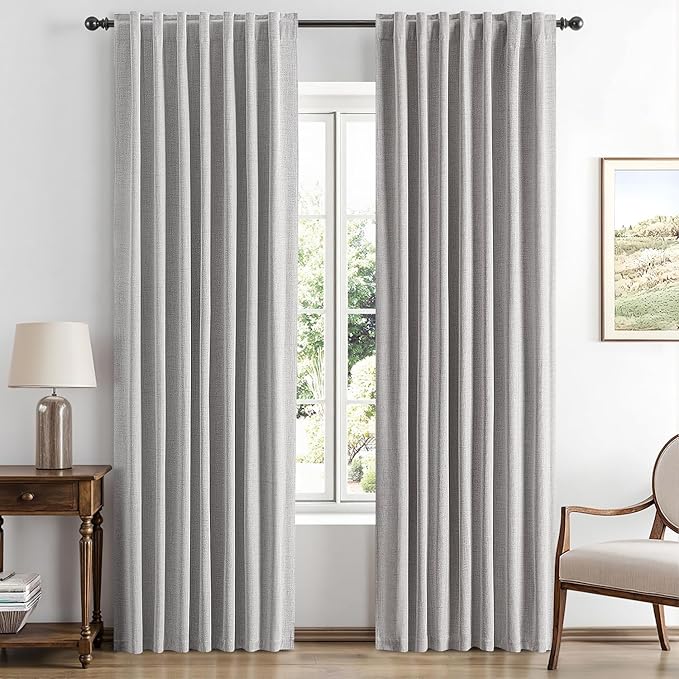 MIULEE 100% Blackout Linen Curtains for Bedroom, Greyish White Solid Luxury Decor Thermal Insulation Room Darkening Drapes for Living Room Nursery Back Tab Rod Pocket 42 x 72 Inches, 2 Panels