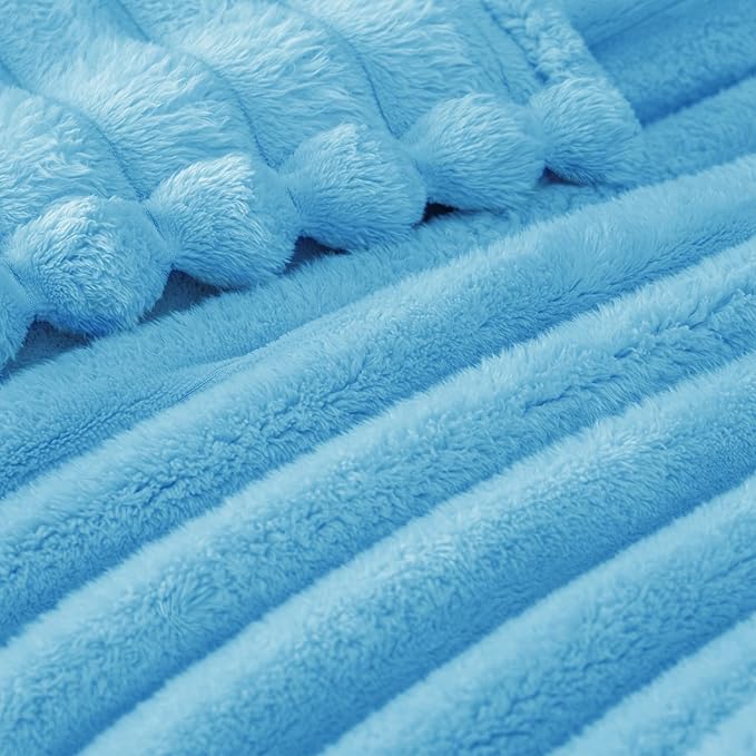 Exclusivo Mezcla Twin Size Flannel Fleece Blanket, Super Soft Striped Jacquard Bed Blanket, Lightweight Fuzzy Cozy for All Seasons, 60x80 Inches, Blue