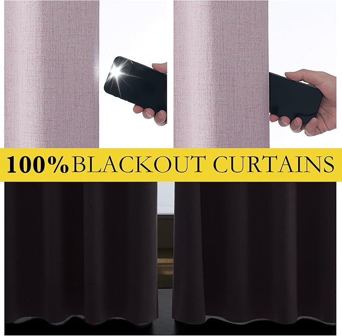 NICETOWN Pink Vintage Linen 100% Blackout Curtains for Living Room, Thermal Insulated Curtains 90" Long, Noise Reducing Window Treatment Drapes for Hall Room, 42" Wide Per Panel, Set of 2