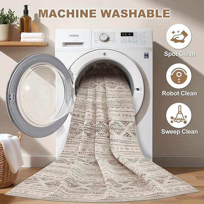 Nakagishi 7x9 Area Rug Living Room: Washable Boho Large Neutral Soft Farmhouse Modern Rugs Stain Resistant Moroccan Non-Slip Indoor Carpet for Bedroom Nursery Kids Office Dining Room- Dark Brown