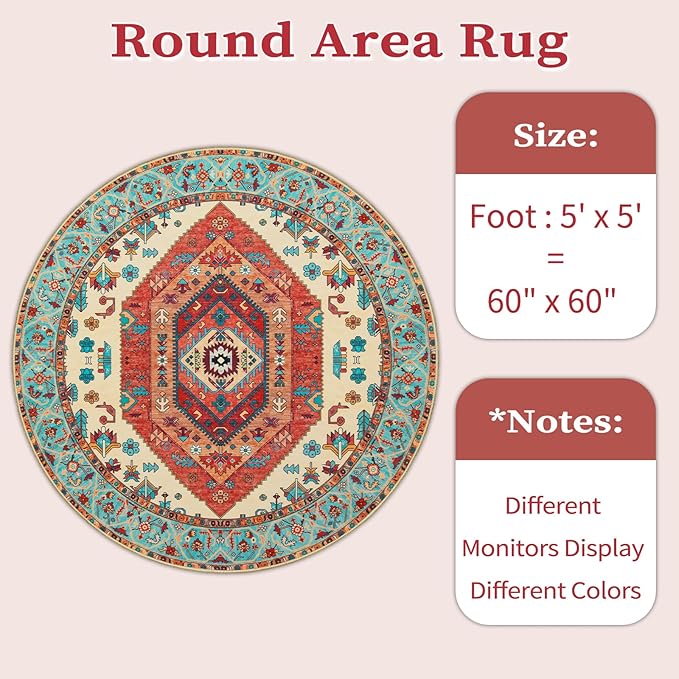 SERISSA Boho Round Area Rug, 5ft Washable Non-Slip Circle Rug, Ultra Soft Oriental Vintage Orange Low-Pile Circular Carpet for Bedroom Entryway Kids Room Office College Dorm Living Room