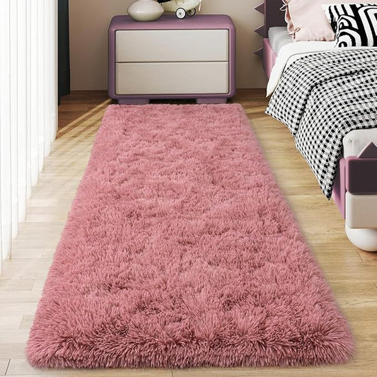 Soft Runner Rugs for Bedroom Hallways, 2x5 Blush Pink Fluffy Shag Throw Area Rug Non Slip for Bedside Dorm, Long Shaggy Furry Carpet for Nursery Living Room