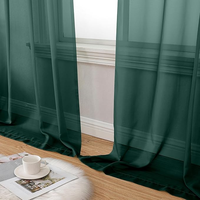 Aiyufeng Hunter Green Sheer Curtain Drapes 45 Inch Length 2 Panels for Living Room, Light Filtering Voile Green Drapes for Bedroom, Patio, Sliding Door, Each 42" W x 45" L