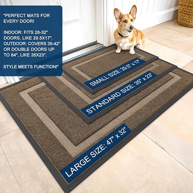 OLANLY Front Door Mat Indoor Outdoor Entrance, Waterproof All-Season, All-Weather Doormat, Sturdy Natural Rubber, Fade Resistant, Low Profile, Easy Clean Patio Porch Entryway Mat, 59x30, Brown