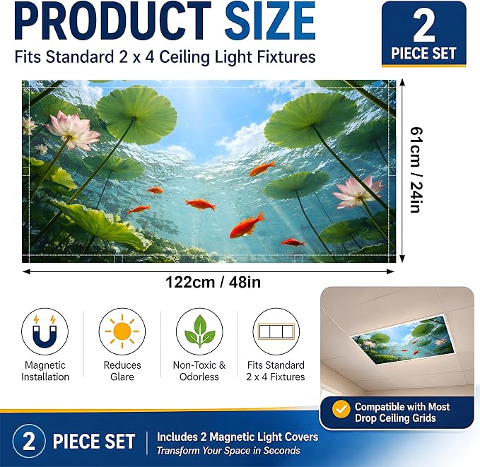 2 Pack Underwater Goldfish Decorative Ceiling Light Covers, Magnetic 4x2 Ft - Image 2