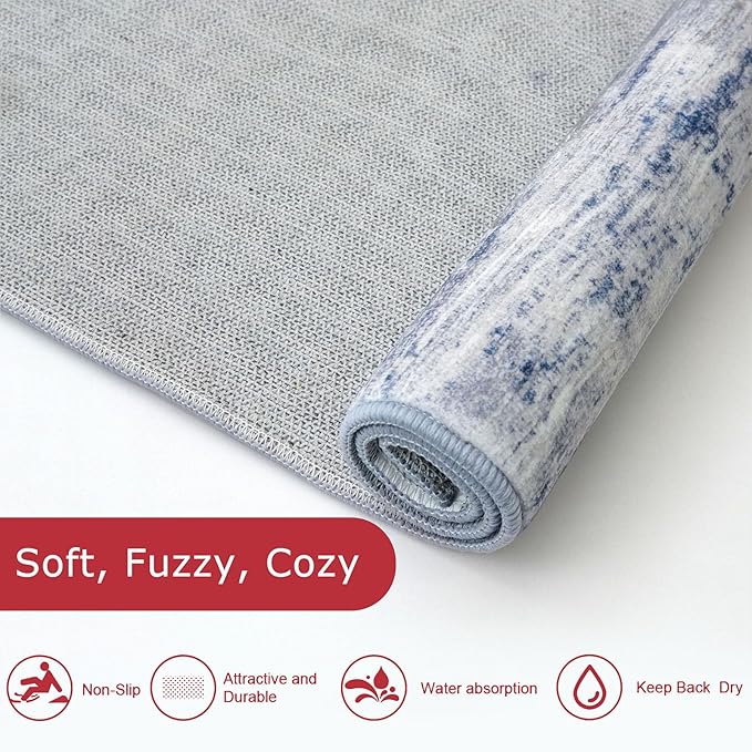 KOZYFLY Washable Area Rug 5x7 Modern Ombre Living Room Thin Area Rug Non-Slip Soft Striped Rug for Bedroom, Print Grey-Blue Abstract Carpet for Laundry Kid Room