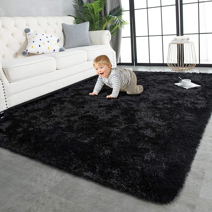TWINNIS Super Soft Shaggy Rugs Fluffy Carpets, 6x9 Feet, Indoor Modern Plush Area Rugs for Living, Bed Room Kids Room Nursery Home Decor, Upgrade Anti-Skid Durable Rectangular Fuzzy Rug, Black