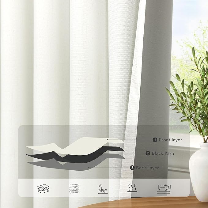 Pitalk Bedroom Blackout Curtains 63 Inches Long 2 Panel Thermal Curtain for Summer Heat Dining Living Room Darkening Back Tab Short Drapes for 62 Inch Window Length Boho Linen Textured Ivory Off White