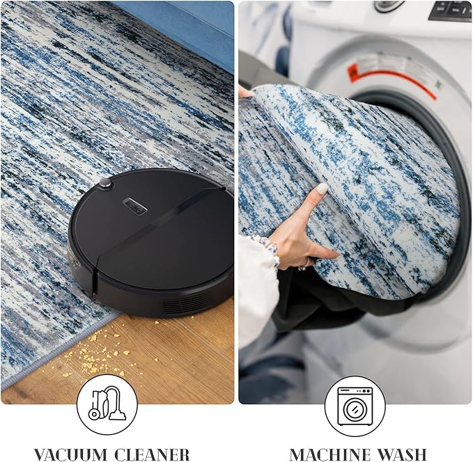 Lansny Modern Abstract Runner Rug 2x6, Grey Blue White Washable Kitchen Runner Non-Slip Soft Hallway Rug Runner Thin Print Faux Wool Carpet for Entryway Bedroom Laundry Room Indoor Home Decor