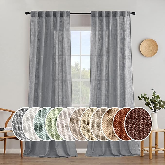 MIULEE Grey Linen Curtains 96 Inch Long for Bedroom Living Room, Soft Thick Linen Textured Window Drapes Gray Semi Sheer Light Filtering Back Tab Rod Pocket Burlap Look Decor, 2 Panels
