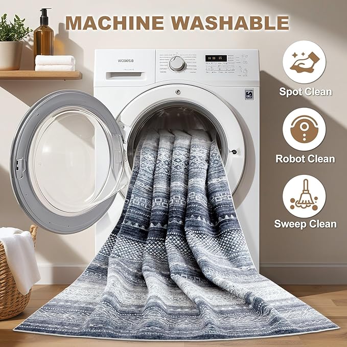 Nakagishi Area Rug Living Room Rugs: 4X6 Machine Washable Boho Large Neutral Farmhouse Stain Resistant Moroccan Indoor Floor Carpet for Bedroom Nursery Dorm Dining Room Home-Denim Blue