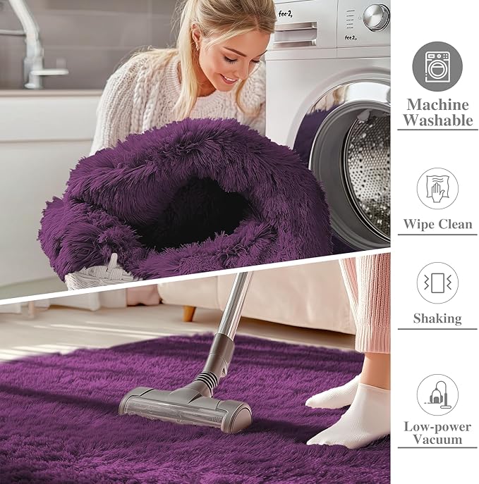 OLANLY 2x8 Machine Washable Runner Rugs for Hallway, Soft Fluffy Shaggy Bedside Rugs for Bedroom, Living Room, Indoor Floor Carpet for Kids Girls and Boys, Home Decor Aesthetic, Dark Purple
