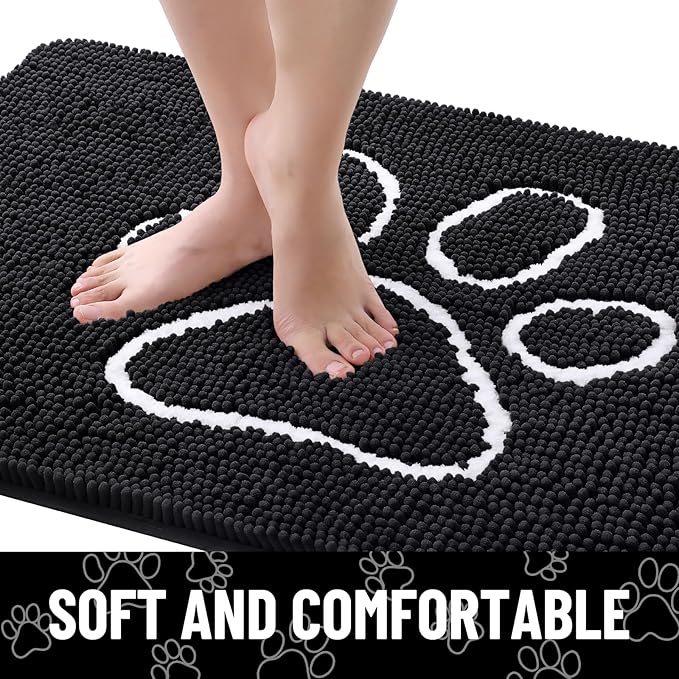 Smiry Dog Door Mat for Muddy Paws, Absorbent Dirt Trapper Non Slip Quick Dry Washable Chenille Mat for Mud Dogs, Entry Rug for Indoor and Outdoor (59x32 Inches, Black and White)