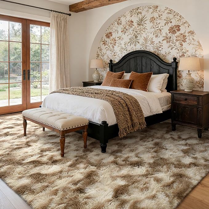 4x6 Ft Shag Area Rug for Bedroom Living Room, Tie-Dyed Ultra Soft Fluffy Furry Rugs for Indoor Floor, Aesthetic Carpet for Kids Home Decor (Khaki)