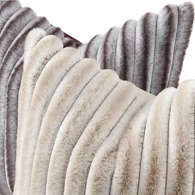 decorUhome Cozy Faux Fur Throw Pillow Covers 22x22 Set of 2 Decorative Soft Plush Striped Modern Farmhouse Boho Couch Euro Sham Pillow Cases with Velvet Back for Sofa Bed Living Roomr, Brown White
