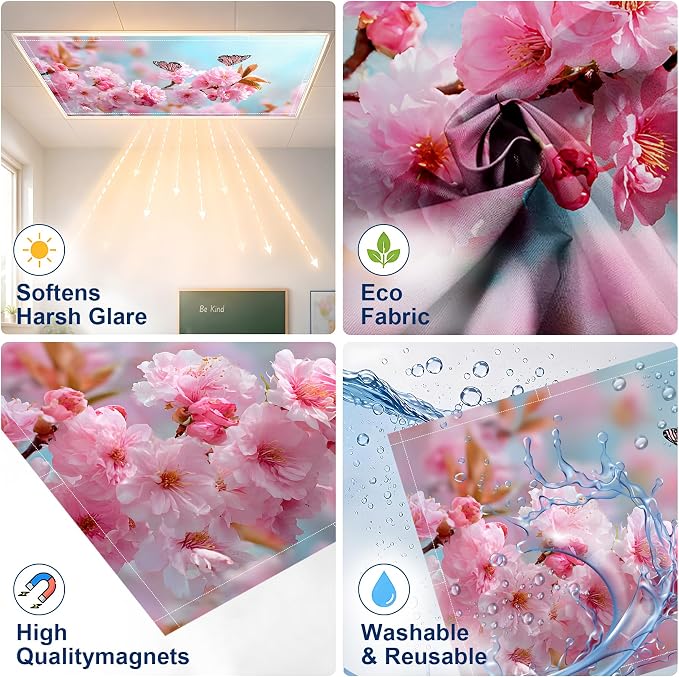 2 Pack Pink Blossom Butterfly Decorative Ceiling Light Covers, Magnetic 4x2 Ft - Image 3